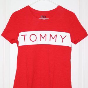 Tommy Hilfiger Denim Red T-Shirt with White Logo Graphic, Women's Small